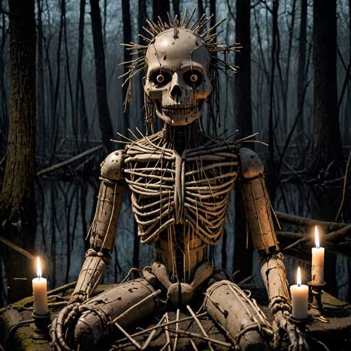 A life-size statue of a skeleton with a twisted neck and arms is seated on a rock in the center of an eerie forest setting. The skeleton's head is tilted upwards, revealing its sharp teeth. Two candles are placed to the left side of the statue, casting long shadows that add depth to the scene.