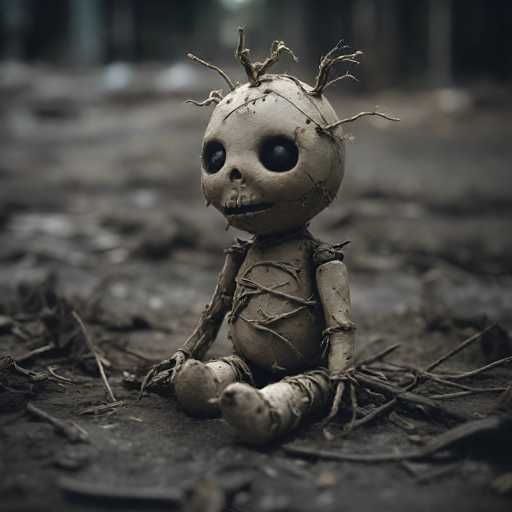 The image depicts a haunting scene reminiscent of the movie "The Omen." At the center is a small, eerie doll with a round, white head that appears to be made of clay. Its large, black eyes are unsettling, and its nose is a tiny, round shape. The doll's mouth is slightly open, revealing a hint of teeth. 

The head is adorned with numerous twigs protruding from the top, sides, and back, giving it a sinister, tree-like appearance. The doll's body is equally unsettling, with its arms and legs wrapped in twigs, particularly around the shoulders, chest, and feet. The legs are splayed out to the sides, and the feet are rounded, adding to its unsettling look.

The doll is seated on a dark, grayish-brown ground, which is littered with twigs and debris, enhancing the overall eerie atmosphere. The background is blurred, but it appears to be a continuation of the same grayish-brown color, with indistinct white shapes in the distance. The entire scene is shrouded in darkness, contributing to the ominous and creepy vibe of the image.