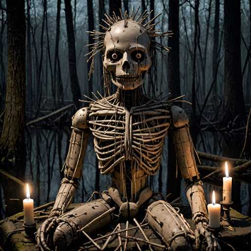 The image depicts a haunting scene set in a dark, dense forest with tall, leafless trees. At the center of the composition sits a disturbing figure on a stone platform. This figure is a skeletal, humanoid doll with a skull for a head, featuring wide-open eyes with black pupils and a nose cavity. The doll's body is constructed from various bones, including ribs, and is adorned with numerous sticks protruding from its head, back, and legs, giving it a menacing, almost demonic appearance. The doll's arms are positioned in front of it, and its legs are bent, with its feet tucked beneath its body. Surrounding the doll are three lit candles: one on the left, one on the right, and one in the middle, casting flickering shadows that enhance the eerie atmosphere. The entire scene is shrouded in darkness, with the background revealing a misty forest that adds to the overall sense of dread and foreboding.
