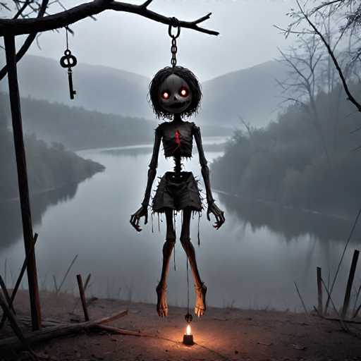 The image depicts a haunting scene set in a foggy, gray landscape. At the center, a skeleton with long, shaggy black hair and glowing red eyes dangles from a chain attached to a tree branch. The skeleton is dressed in a ragged, black skirt with tassels and has a red heart-shaped object pinned to its chest. Below, a small lit candle casts a dim light on the dirt ground, illuminating the eerie figure. To the left of the skeleton, a key hangs from another tree branch. The background features a misty lake surrounded by bare trees and distant mountains, enhancing the overall spooky and mysterious atmosphere.