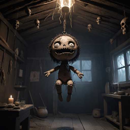 The image depicts a chilling scene from the horror movie "Midsommar," featuring a menacing doll suspended in mid-air. The doll, with its unnervingly wide eyes and jagged teeth, has a large, round head and stringy hair. Its body is equally unsettling, with a small torso and disproportionately large legs. The doll's arms are outstretched, and it appears to be hanging from a hook attached to a light bulb, which is surrounded by eerie, dangling skulls.

The setting is a dimly lit room with wooden floors and walls, adding to the overall dark and foreboding atmosphere. On the left side of the image, a lit candle casts flickering shadows, while on the right, a table is cluttered with various objects. The room is further adorned with shelves holding an assortment of items, including vases and a teapot, contributing to the unsettling ambiance. The doll's eerie presence and the room's ominous decor create a deeply disturbing visual experience.