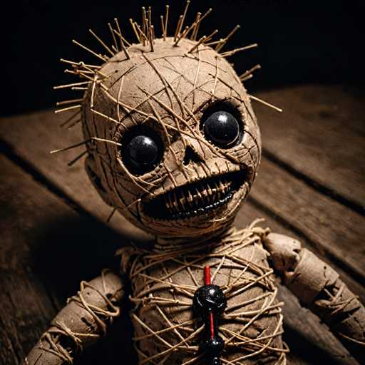 A close-up, high-angle shot of a creepy, handmade doll. The doll is constructed from straw and covered in twine, with its head adorned with numerous pins. Its face features large, black button eyes and a stitched-on grin revealing sharp teeth. The doll's body is similarly constructed from twine, and a red string hangs down from its neck. The background is dark and blurred, with the doll's body resting on a wooden surface. The lighting is dim, casting shadows that enhance the doll's unsettling appearance.