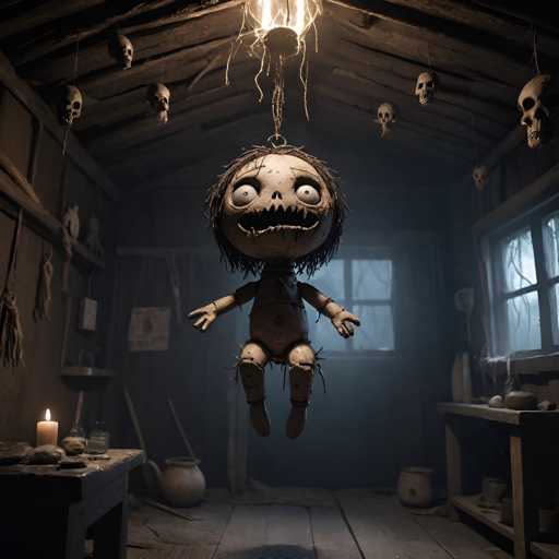 The image depicts an eerie scene set within a dilapidated wooden room with a high ceiling and numerous skulls hanging from the roof. A creepy doll is suspended in mid-air, surrounded by various objects scattered throughout the space. The lighting appears to be coming from above, creating an atmosphere of darkness and mystery.