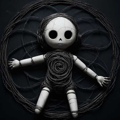 The image depicts a hauntingly surreal scene set against a stark black background. At the center lies a white doll, its body and limbs starkly contrasting with the darkness surrounding it. The doll's face is particularly unsettling, with hollow black eyes that seem to stare into the depths of one's soul. Its nose is a mere triangular shape, and its mouth is a straight, expressionless line, adding to the eerie atmosphere.

The doll's arms are outstretched to its sides, while its legs are positioned straight down, giving it a rigid, almost lifeless posture. Intriguingly, the doll's body is intricately wrapped in what appears to be black yarn or string, which forms a circular pattern around its torso and extends outwards, creating a mesmerizing swirl effect. This yarn also intertwines with the doll's hair, which is equally disheveled and chaotic, adding to the overall sense of disarray.

The doll's hands are visible, with one hand appearing more prominently in the foreground. The fingers of this hand are splayed out, contributing to the unsettling nature of the image. The entire composition is devoid of any text, allowing the viewer to fully immerse themselves in the eerie and mysterious world created by the doll and its intricate wrapping.