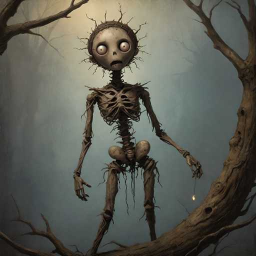 The image depicts a skeleton standing on its hind legs and holding a lit candle with its left hand while the right hand is raised in the air. The background features trees and a blue sky, creating an eerie atmosphere.