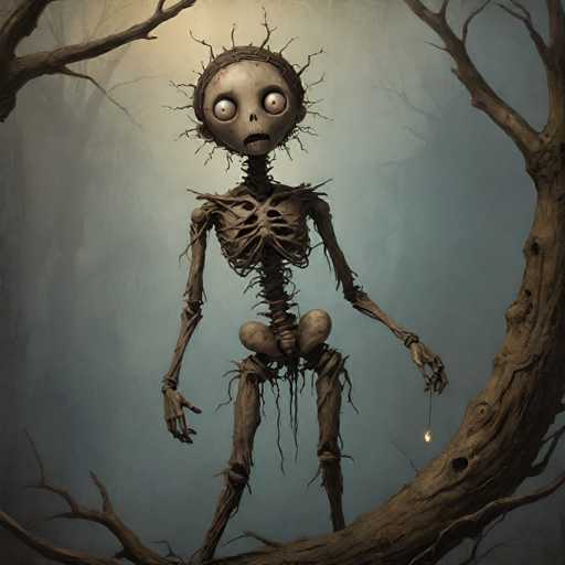 The image depicts a haunting scene set in a foggy, dark forest. At the center stands a skeletal figure with a round head, large white eyes, and a small nose. Its mouth is open in a frown, giving it a distressed expression. The skeleton's ribcage is visible, and its arms hang limply by its sides. Its legs are thin and bony, with a noticeable gap between the pelvis and the upper thigh. The figure appears to be draped in tattered, brown clothing that clings to its bones, with some fabric hanging from its neck and waist. 

The skeleton is perched on a gnarled, leafless tree branch that curves from the bottom right to the top left of the image. The tree's bark is dark brown, and its branches are bare, adding to the eerie atmosphere. The background is filled with more dark, shadowy trees, shrouded in a thick fog that enhances the overall sense of desolation and mystery. The color palette is dominated by shades of brown, gray, and black, contributing to the somber and unsettling mood of the scene.