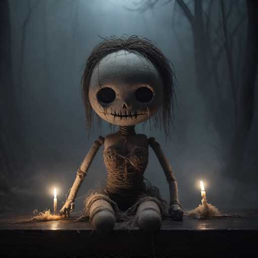 The image depicts a hauntingly eerie scene featuring a rag doll with a skull-like face, large black eyes, and a stitched mouth. The doll's hair is stringy and dark, adding to its unsettling appearance. It is seated on a wooden table, flanked by two lit candles that cast flickering shadows. The doll's body is intricately wrapped in twine, giving it a mummy-like texture, and it has stringy legs. The background is a dark, foggy forest with bare, leafless trees, enhancing the overall spooky atmosphere. The doll's arms are extended to its sides, and its head is slightly tilted to the left, contributing to its creepy demeanor. The entire scene is shrouded in darkness, with the only sources of light being the candles and the doll's eyes, creating a chilling and mysterious ambiance.
