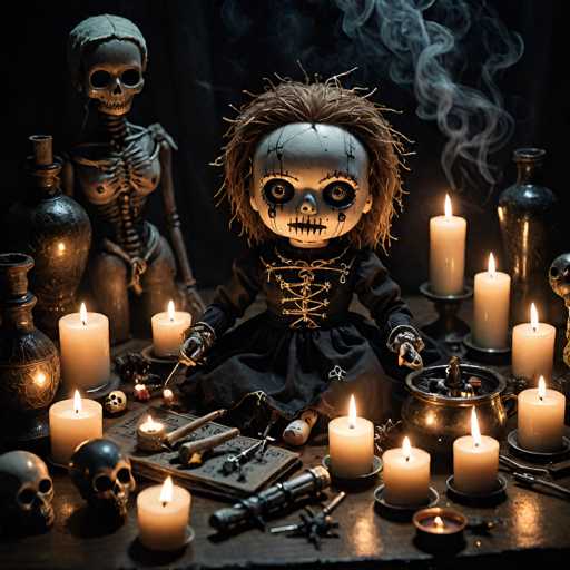 The image depicts a chilling Halloween scene centered around a menacing doll reminiscent of Chucky. This eerie figure, with wild, unkempt hair and a face stitched up like a zombie, is dressed in a black dress adorned with gold buttons. The doll's eyes are hauntingly black, and its mouth is stitched shut, adding to its sinister appearance. Surrounding the doll is a chaotic assortment of items: a book with writing, a small cauldron, and numerous lit candles casting flickering shadows. Scattered around are various tools, including a hammer, a screwdriver, and a pair of pliers, suggesting a dark, possibly malevolent purpose. To the left of the doll stands a skeleton, adding to the macabre atmosphere. The entire scene is set against a backdrop of dark, ominous hues, enhancing the overall sense of dread and foreboding.