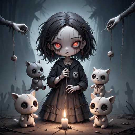 The image depicts a hauntingly eerie scene reminiscent of a horror movie. At the center stands a young girl with short black hair, her face painted stark white. Her eyes are unnaturally red, and black streaks run down her cheeks, adding to her sinister appearance. She is dressed in a black dress adorned with barbed wire around the bottom and a patch on the left side of her chest. In her right hand, she holds a lit white candle that casts an ominous glow.

Surrounding her are four white stuffed animals with large, black eyes, each marked with a single black line on their foreheads. These stuffed toys appear to be under her control, as two hands extend from the sides of the image, each holding a string attached to one of the toys. The hands are clad in black sleeves, adding to the dark atmosphere.

The background is a foreboding graveyard, with numerous headstones and scattered branches on the ground. The scene is shrouded in darkness, with a grayish hue that enhances the overall sense of dread. The girl's expression is one of cold indifference, as she gazes directly at the viewer, making the entire image feel deeply unsettling and mysterious.