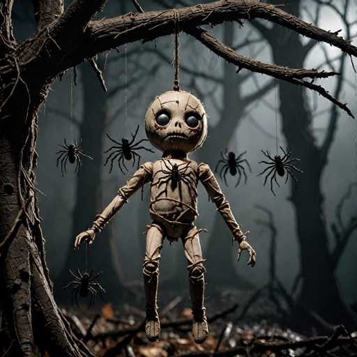 In this eerie, computer-generated image, a haunting scene unfolds in a dark, foggy forest. The focal point is a sinister scarecrow hanging from a gnarled tree branch on the left side of the frame. The scarecrow, with its large, round head stitched shut, has hollow black eyes and a menacing grin. Its body is made of rags and twigs, giving it a patchwork appearance. The creature's arms are outstretched, with one hand holding a string that dangles a large black spider. Additional spiders cling to the scarecrow's body, enhancing its creepy demeanor.

The background is shrouded in mist, with the silhouettes of other trees barely visible through the fog. The ground below is littered with dead leaves and branches, adding to the desolate atmosphere. The overall color palette is dominated by dark grays and blacks, with the occasional flash of red on the scarecrow's face, heightening the sense of dread. The image is devoid of any text, allowing the chilling visual elements to speak for themselves.