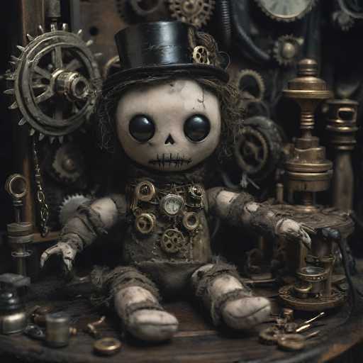 The image depicts a hauntingly detailed scene reminiscent of Tim Burton's dark, whimsical aesthetic. At the center is a rag doll with a white face, large black eyes, and a stitched mouth, giving it a macabre appearance. The doll is adorned with a black top hat and has stringy brown hair. Its body is covered in an array of gears, cogs, and clockwork mechanisms, suggesting a steampunk influence. The doll's arms are outstretched, and its legs are splayed, as if it's sitting on a wooden table. Surrounding the doll are various metallic objects, including chains, gears, and possibly a clock, adding to the intricate, mechanical ambiance. The background is dark and filled with more gears and clockwork elements, enhancing the eerie, gothic atmosphere of the scene.