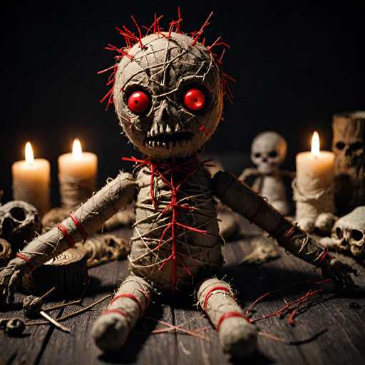 The image depicts a detailed and eerie scene of a mummy-like doll sitting on a dark wooden table. The doll, which appears to be made from a combination of mummy bandages and twigs, has a round head with large, red, marble-like eyes that have black pupils. Its face is partially skeletal, with a visible nose and mouth, and it is adorned with red twigs protruding from the top of its head. The doll's body is wrapped in white bandages with red twine running down the center of its chest, and its arms and legs are outstretched, revealing bandaged limbs. Surrounding the doll are several lit candles, casting a flickering light that enhances the spooky atmosphere. In the background, there are additional skulls and another mummy-like figure, contributing to the overall haunting and mysterious ambiance of the scene.