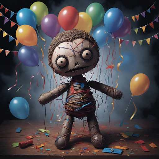 The image depicts a creepy, mummy-like doll with a large, round head wrapped in brown twine, giving it a mummy-like appearance. The doll's face is white with black eyes, a black nose, and a stitched mouth, resembling a skeleton. Its body is similarly wrapped in twine, with long arms and legs. The doll stands on a wooden table, surrounded by colorful balloons in shades of blue, green, purple, red, and yellow. Confetti and streamers are scattered around the table, adding to the festive yet eerie atmosphere. The background is dark, enhancing the doll's unsettling presence.