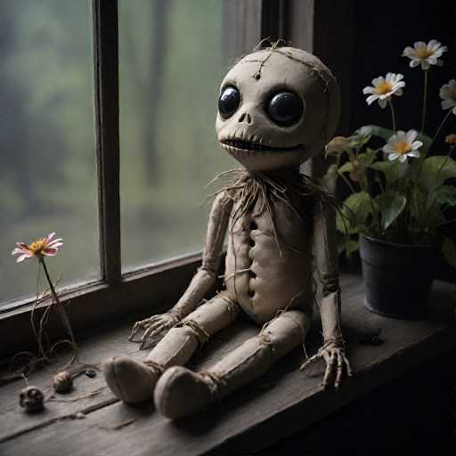 The image depicts a detailed, eerie doll sitting on a wooden windowsill. The doll, which appears to be made of cloth and string, has a round head with large, black eyes and a stitched mouth, giving it a somewhat menacing appearance. Its body is stitched together, with visible strings and patches, and it has string wrapped around its neck, arms, and legs. The doll's hands resemble skeletal fingers, adding to its creepy look. To the left of the doll, there is a single pink flower with a long stem, and to the right, a black pot holds a plant with green leaves and white flowers that have yellow centers. The background is blurred, revealing a hint of trees outside the window, enhancing the overall spooky atmosphere of the scene.