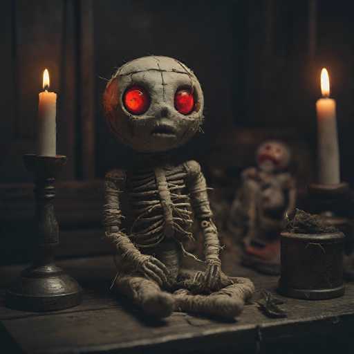 The image depicts a haunting scene featuring two rag dolls with eerie, glowing red eyes. The dolls are wrapped in tattered bandages, giving them a mummy-like appearance. One doll is seated on a wooden table, while the other lies on its back, head tilted upward. Both dolls have large, round heads and are flanked by lit candles in candle holders. The background is dark, adding to the overall spooky atmosphere. The dolls' bandaged limbs and glowing eyes create a chilling effect, making them appear almost alive.