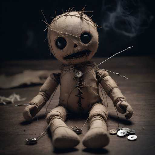 A creepy doll with a face and hands made from brown fabric sits on a wooden table surrounded by scattered buttons and thread.