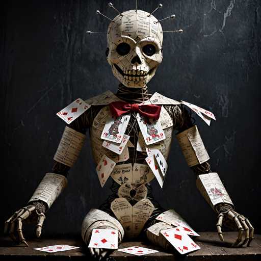 The image depicts a detailed and eerie scene of a skeleton seated on a wooden table, set against a dark, possibly black or gray background. The skeleton is intricately constructed from various pieces of paper, giving it a collage-like appearance. Its head is adorned with numerous pins protruding from the top, and its eyes are hollow, adding to the macabre atmosphere. The skeleton's chest is wrapped in string, and it wears a red bow tie that stands out against its paper body. Scattered around the skeleton on the table are playing cards, including a red king of diamonds and a red queen of diamonds, among others. The skeleton's hands rest on the table, with its legs positioned in front of it. The overall composition, with its dark background and scattered cards, creates a haunting and mysterious ambiance.