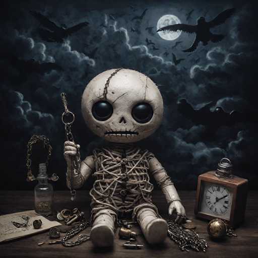 The image depicts a haunting scene set against a dark, cloudy night sky illuminated by a full moon. In the background, silhouettes of numerous bats and birds add to the eerie atmosphere. The focal point of the image is a small, mummy-like doll with a large, round skull head. The skull features hollow black eyes, a small nose, and a stitched mouth, giving it a macabre appearance. A chain is wrapped around the top of the skull, and another chain dangles from the doll's right hand, which also holds a key. The doll's body is tightly wrapped in string, resembling mummy bandages, and it sits on a wooden table. To the left of the doll is a glass bottle filled with coins, and to the right is a square clock with Roman numerals, showing the time as 10:10. Scattered around the doll are various small objects, including coins and chains, enhancing the mysterious and unsettling nature of the scene.