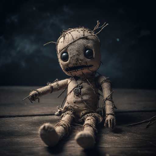 The image depicts a hauntingly eerie scene reminiscent of a horror movie. The background is shrouded in darkness, with a faint, smoky haze adding to the ominous atmosphere. In the foreground, a wooden table or floor is visible, its surface weathered and scratched, hinting at years of use.

At the center of the image sits a disturbingly creepy doll. The doll's body appears to be made of a rough, brown material, possibly resembling tree bark or twine. Its head is round and devoid of hair, with a face that looks as though it has been stitched together. The doll's eyes are large and black, giving it a vacant, unsettling stare. Its mouth is a straight, black line, contributing to its overall eerie expression.

The doll's arms are outstretched, with one hand appearing mangled and missing fingers. Its legs are similarly distorted, with one foot noticeably larger than the other. The entire figure is wrapped in what looks like twine or rope, adding to its grotesque appearance. Around its neck hangs a medallion or button, possibly a locket, though its details are obscured by the dim lighting.

Overall, the image evokes a sense of unease and foreboding, as if plucked from a scene of psychological horror.