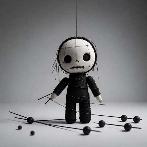 A black and white doll with a rope around its neck is the central focus of the image. The doll's face features a pair of large eyes and a small nose, giving it a lifelike appearance. The doll is positioned on a gray surface, surrounded by several black balls scattered in front of it.
