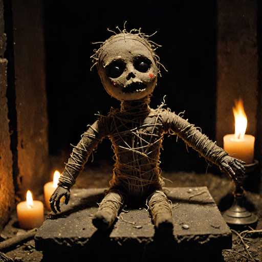 A small, creepy, handmade skeleton doll sits on a dark, textured surface in a dimly lit setting. The doll is made of burlap and string, with a stitched-on face featuring large, dark eyes and a simple, unsettling grin. It's positioned in the center of the frame, with its arms outstretched and legs bent. 

Behind the doll are two lit candles in dark holders, casting a warm glow on its form. The background is shrouded in darkness, with hints of what might be a stone or brick wall visible on either side. The overall atmosphere is eerie and slightly unsettling, with the focus entirely on the small, macabre figure. The lighting emphasizes the doll's texture and creates a sense of mystery and perhaps even a touch of Halloween-themed spookiness.