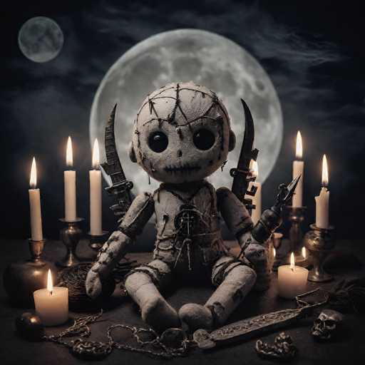 The image depicts a haunting scene reminiscent of horror films like "The Omen" or "Child's Play." At the center is a menacing, white doll with black eyes and a stitched mouth, evoking the infamous Chucky. The doll's head is cracked, revealing dark lines, and it has a cross on its chest. Its arms are outstretched, each hand grasping a knife, and its legs are tied together with rope. Surrounding the doll are numerous lit candles of varying sizes, casting flickering shadows. To the right of the doll lies a small skull, while to the left, there is a chain and a ball-and-chain. The background features a dark, cloudy night sky with a large, full moon and a smaller moon in the upper left corner, enhancing the eerie atmosphere.