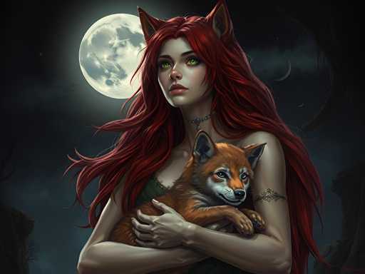 The image depicts a woman with red hair and green eyes holding a brown fox on her lap against the backdrop of a full moon.