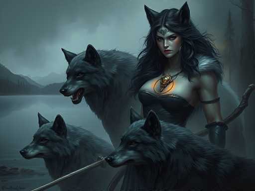 The image depicts a striking fantasy scene featuring a woman and three wolves in a dark, atmospheric setting. The woman, positioned on the right side of the image, has long, flowing black hair and is adorned with cat-like ears. She wears a black dress with fur trim on the shoulders, and her attire is complemented by a necklace with a glowing orange gem. Her expression is serious, and she gazes directly at the viewer. In her left hand, she holds a branch, while her right hand is obscured by the fur of the wolf in front of her. 

The three wolves are arranged around her, with one in front of her, one to her left, and one to her right. The wolf in front of her has its mouth open, revealing sharp teeth, while the other two wolves have their mouths closed. The background features a dark, cloudy sky, a body of water, and distant mountains, enhancing the overall mysterious and enchanting mood of the scene.