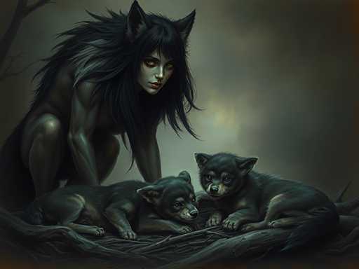 The image depicts a highly detailed, computer-generated scene of a supernatural woman with cat-like features. She has long, flowing black hair with bangs and striking yellow eyes, and her skin is a pale gray. Her body is muscular and hair-covered, with cat-like ears protruding from her head. She is crouched down on all fours, leaning forward with her front paws on the ground, giving her a somewhat human yet feline appearance. 

In front of her are two small cubs, likely her offspring, with black fur and brown markings on their legs and faces. They are lying on a large, dark gray log that appears to be part of a tree trunk. The background is a mix of dark gray and black, with a hint of light breaking through the clouds, creating a somber and mysterious atmosphere. The overall color palette of the image is dominated by shades of gray, black, and white, with the only splash of color being the woman's yellow eyes and pink lips.