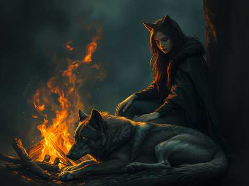 The image depicts a young woman with long, dark hair and pointed ears, resembling a cat or a wolf, sitting beside a campfire. She is wearing a black fur coat with a fur collar and dark pants, and her expression is serene as she gazes down at the fire. The campfire, located on the left side of the image, is composed of stacked logs and emits vibrant orange and yellow flames that rise into the dark, cloudy sky. Beside her, a wolf with a black coat and glowing orange eyes lies on the ground, its head resting on its paws and looking towards the fire. The scene is set against a backdrop of a large tree trunk, adding to the rustic and mysterious atmosphere. The overall color palette includes shades of black, gray, orange, yellow, and hints of brown, contributing to the dark and enchanting mood of the image.