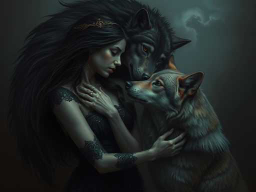 The image depicts a dark, gothic scene with a woman and two wolves. The woman, positioned on the left, has long, flowing black hair adorned with a gold crown and a gold earring. She wears a black dress with lace detailing on the shoulders and arms, and her pale skin contrasts with her red lips. Her eyes are closed, and she is looking down towards the right. Her right hand rests on her chest, while her left hand cradles the neck of a gray wolf with brown accents on its face and ears. This wolf gazes up at her adoringly. Behind her, a larger black wolf with piercing orange eyes and a gold crown on its head looks off to the right. The background is dark, with a hint of a moon and clouds in the top right corner, adding to the eerie atmosphere.