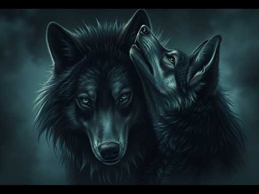 This detailed digital artwork features two black wolves set against a dark, cloudy background with shades of black, gray, and hints of blue. The larger wolf on the left has a full, fluffy coat with long fur around its neck, giving it a majestic appearance. Its piercing green eyes gaze directly at the viewer, and its ears are perked up attentively. The smaller wolf on the right, which appears to be a younger or smaller version of the larger one, is positioned in profile with its head tilted upwards. This wolf has a slightly grayer face and is tenderly licking the larger wolf's nose, adding a touch of affection to the scene. Both wolves have striking green eyes and black noses, and their fur is depicted with intricate detail, emphasizing the texture and depth of their coats. The overall composition is framed by thin black borders at the top and bottom, enhancing the dramatic and intimate atmosphere of the image.