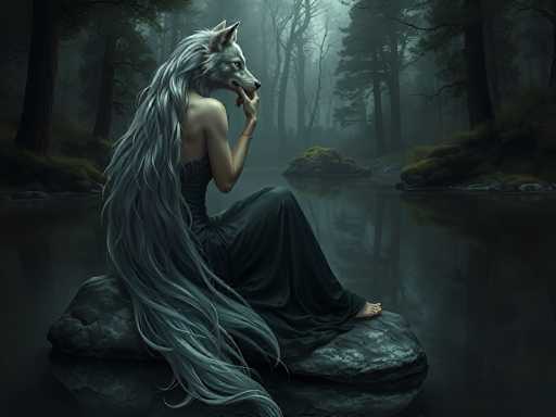 In this dark, atmospheric painting, a mysterious figure sits on a large, gray rock in the middle of a still, reflective lake. The scene is shrouded in fog, creating a haunting ambiance. The figure, with the head of a gray wolf and long, flowing gray hair, is dressed in a sleek, black strapless dress that extends to the ground. The wolf-human hybrid's right hand is thoughtfully placed on its chin, while its left foot dangles over the edge of the rock. The surrounding landscape features tall, dark trees with sparse leaves, their reflections mirrored in the dark water below. In the background, a small island with green grass and a moss-covered rock adds to the eerie, yet captivating, setting. The overall color palette is dominated by shades of gray, black, and green, enhancing the painting's somber and enigmatic mood.