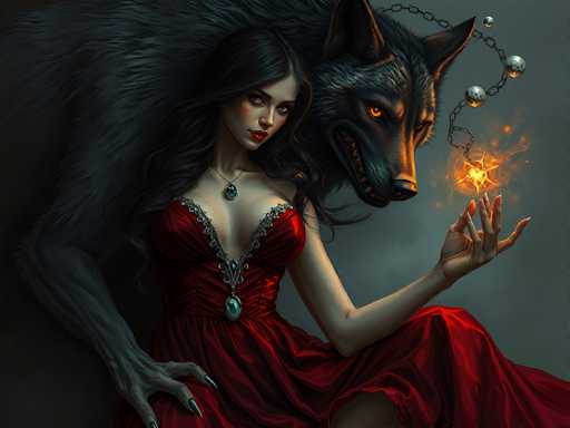 The image is a detailed, computer-generated illustration of a woman with long, dark hair, dressed in a striking red gown adorned with silver embellishments and gemstones. She is seated on the ground, her right leg bent and her left leg extended. Her gown features a deep V-neckline with intricate silver detailing and a prominent silver belt buckle. The woman's right hand is raised, palm up, with her fingers curled and adorned with long, sharp fingernails. Above her hand hovers a glowing, star-shaped object, possibly a firefly or magical orb, surrounded by a chain of silver orbs and a chain link. 

Behind her looms a large, menacing black wolf with piercing orange eyes and sharp teeth, its head turned towards her. The wolf's presence is further emphasized by its long, clawed hand resting on her right hip. The background is a dark gray, enhancing the eerie and mysterious atmosphere of the scene. The woman's gaze is directed to the right, adding to the overall sense of intrigue and enchantment in the image.