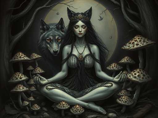 The image depicts a woman and a wolf sitting together in front of mushrooms. The woman is wearing a black dress with gold accents and has long hair styled in loose waves. The wolf is standing behind her on all fours. The background features trees and mushrooms, creating an eerie atmosphere.