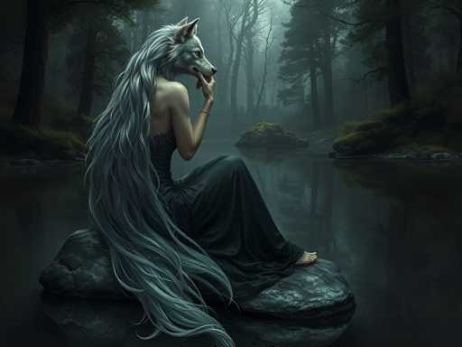 A woman with long hair and a white headdress is sitting on a rock by a body of water in a forest.