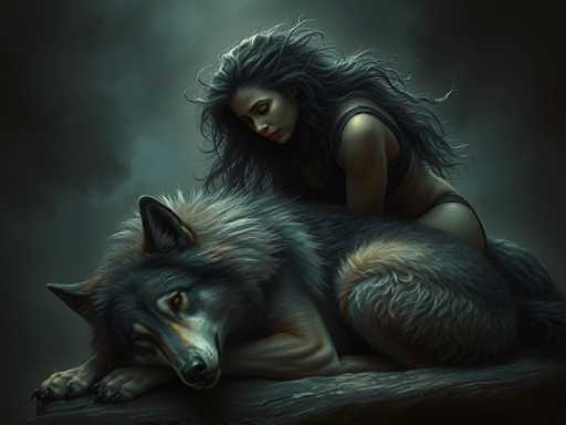 In this detailed, computer-generated image, a woman with long, dark hair and a black bikini is kneeling on the back of a large, gray wolf. The wolf, which has a mix of gray and brown fur, is lying down on a dark, wooden surface, possibly a tree stump. The woman's eyes are closed, and she appears to be in a meditative state, with her head tilted down. The background is a dark, cloudy sky, adding to the overall somber and mysterious atmosphere of the scene. The wolf's fur is particularly striking, with a blend of gray and brown tones, and its eyes are a vivid yellow. The woman's hair flows down her back, blending with the dark, moody setting.