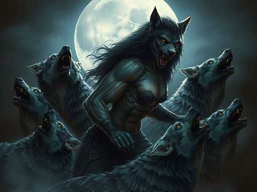 The image depicts a highly detailed, computer-generated scene of a muscular female werewolf standing at the center, surrounded by six other werewolves. The central figure is a striking blend of human and canine features, with long black hair cascading down her back and a wolf's head complete with sharp, yellow eyes and fangs bared in a fierce growl. Her chest is bare, adorned with two black tattoos over her nipples, and she wears a skirt made of animal fur. Her right arm is extended outward, while her left arm rests on the shoulder of a howling werewolf positioned in front of her. The werewolves encircling her share her black fur and yellow eyes, all appearing to howl in unison. The background is dominated by a large, luminous full moon that casts a bright glow over the entire scene, enhancing the eerie and mystical atmosphere. The sky is a dark gray, filled with clouds that add to the dramatic effect. The werewolves' heads are turned upwards, their mouths open in howls, creating a powerful and dynamic composition.