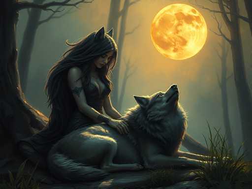 In this captivating digital artwork, a woman with long, flowing black hair and pointed ears sits gracefully on a tree stump in a dense forest. She is adorned in a black leather vest and matching pants, with a tattoo visible on her right arm. Her serene expression is directed towards a majestic gray wolf lying beside her, its head tilted upwards towards a large, luminous yellow moon that dominates the upper right corner of the scene. The moon casts a mystical glow over the entire setting, highlighting the intricate details of the woman's attire and the wolf's fur. The background is filled with tall, slender trees, their branches reaching skyward, creating a sense of depth and mystery. The overall atmosphere is one of tranquility and connection with nature, beautifully captured in this detailed and enchanting piece.