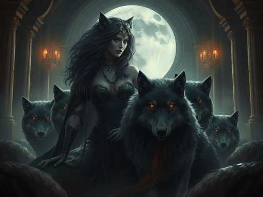 The image depicts a striking, computer-generated scene set in a dark, medieval-style castle with a large, glowing moon visible through an arched window. At the center stands a woman with long, flowing black hair, adorned with cat-like ears and a gold headband. She wears a revealing black dress that exposes her shoulders and chest, complemented by long black gloves. Her expression is serious, and she gazes directly at the viewer. Surrounding her are several large, black wolves with piercing orange eyes, their attention also fixed on the viewer. The room is dimly lit by two chandeliers hanging on either side of the window, casting a warm glow that contrasts with the overall dark ambiance. The scene is rich in detail, with the woman and wolves as the focal points against the backdrop of the castle's interior.