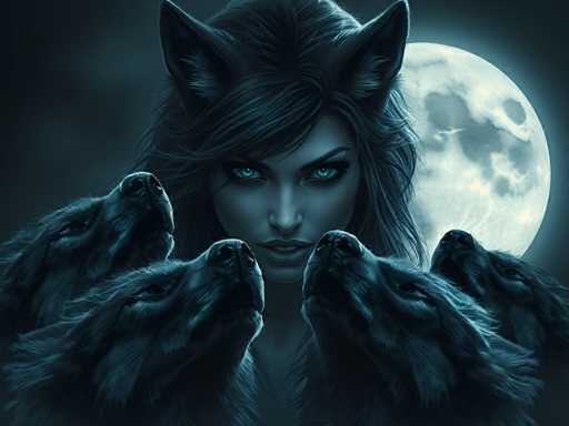 The image depicts a striking, computer-generated scene featuring a woman with long, flowing black hair and vivid green eyes. She has animal-like ears, possibly resembling those of a fox or cat, adding a mystical element to her appearance. The woman is surrounded by four wolves, each with their heads tilted upwards, seemingly howling at a large, luminous moon that dominates the background. The moon, with its detailed craters and glowing aura, casts an ethereal light over the entire scene, enhancing the otherworldly atmosphere. The color palette is predominantly dark, with shades of black, gray, and blue, creating a cohesive and hauntingly beautiful composition.