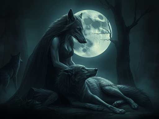 A woman is sitting on a rock with her dog next to her, both facing the same direction as if they're looking at something off-camera. The background features trees and a full moon in the top right corner of the image.