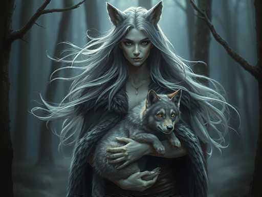 In this detailed fantasy illustration, a young woman with long, flowing gray hair and pointed ears reminiscent of a wolf or fox stands in a misty, dark forest. Her hair cascades down to her waist, and she wears a fur coat that matches the grayish-blue hue of her skin. She has striking blue eyes and a necklace with a teardrop pendant. Cradled in her arms is a small wolf pup with yellow eyes, gray fur, and a black nose, which she looks at fondly. The background is filled with bare trees and a foggy atmosphere, enhancing the mystical and serene mood of the scene. The woman's expression is gentle and content, as if she and the wolf pup share a deep bond.