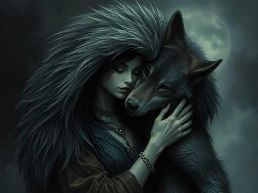 In this detailed, computer-generated image, a woman and a wolf are depicted in an intimate embrace, set against a dark, cloudy night sky with a full moon partially obscured by clouds. The woman, who has pale skin and strikingly long, spiky black hair that blends seamlessly with the wolf's fur, is wearing a black dress with brown sleeves and multiple necklaces, including a choker and a bejeweled necklace. Her eyes are closed, and she tenderly cradles the wolf's head with her left hand, her fingers gently touching its fur. The wolf, with a brown and black coat, has a long snout, pointy ears, and piercing yellow eyes that gaze directly at the viewer. The woman's hair and the wolf's fur merge into a single, continuous mass, creating a surreal and harmonious blend of human and animal features. The overall atmosphere of the image is dark and mysterious, with the moonlight casting a soft glow over the scene.