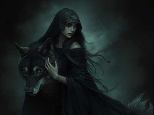 The image depicts a woman and a wolf standing together against a dark background. The woman is wearing a black hooded cloak and has long hair cascading down her back. She holds the wolf's head in her hands with both hands. The wolf is also dressed in a black outfit, its fur blending seamlessly with the darkness of the scene.
