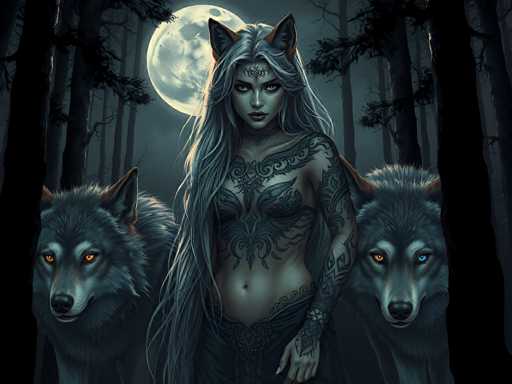 The image depicts a highly detailed, computer-generated scene of a mystical woman standing in the center of a dark, shadowy forest. The background is dominated by tall, slender trees with sparse branches and leaves, creating a haunting atmosphere. A large, full moon casts an eerie glow over the scene, enhancing the mystical ambiance.

The woman has long, flowing gray hair that cascades down to her waist, with striking orange and blue eyes that add to her otherworldly appearance. She has pointed ears resembling those of an animal, possibly a wolf, and a crown-like structure on her forehead. Her skin is pale, and she has intricate black tattoos covering her chest, shoulders, and arms, including a prominent design on her belly button.

Her attire is minimal, consisting of a black skirt with a diamond-shaped pattern. She stands confidently, with one hand resting on her hip, exuding an aura of power and mystery. Flanking her on either side are two wolves with piercing orange and blue eyes, their fur blending seamlessly with the dark forest. The wolves appear to be her companions, adding to the overall sense of magic and enchantment in the image.