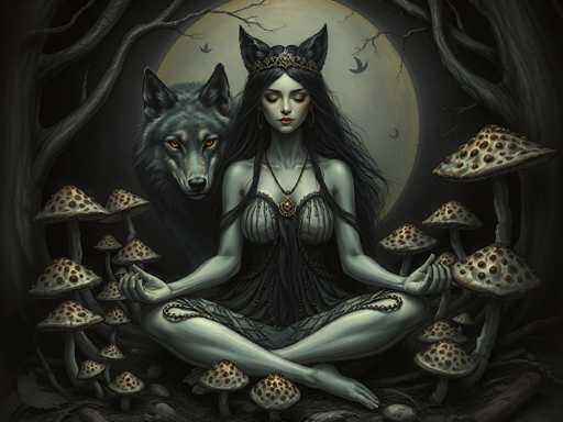 In this detailed fantasy illustration, a woman with long black hair and cat ears sits cross-legged on the ground, her eyes closed and hands resting on her knees. She wears a black dress adorned with a necklace and a crown, and her lips are painted a striking red. Surrounding her are numerous mushrooms, some with brown spots, growing from the ground. Behind her, a wolf with glowing orange eyes stands alert, its gaze fixed on the viewer. The scene is set against a backdrop of two large trees with branches extending over the woman, and a full moon casts a soft glow, creating a mystical atmosphere. The color palette is dominated by shades of black, gray, and white, with splashes of red and brown, enhancing the eerie and enchanting mood of the artwork.