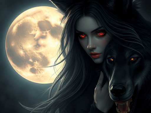 This digital artwork features a striking and eerie scene set against a dark, starless night sky dominated by a large, glowing full moon. The moon, positioned on the left side of the image, casts a luminous glow that contrasts sharply with the surrounding darkness. 

In the foreground, a woman with long, flowing black hair and pale skin stands prominently. Her hair is adorned with large, wolf-like ears that blend seamlessly into her locks. Her eyes are a mesmerizing shade of orange, and her lips are painted a vivid red. She wears a black shirt and a silver ring on her right hand, which is gently placed on the snout of a black wolf beside her. The wolf, with its glowing orange eyes and bared fangs, appears to be her companion, adding to the supernatural ambiance of the scene.

The overall composition is rendered in a dark, gothic style, with the glowing moon and the woman's intense gaze creating a haunting and captivating visual experience.