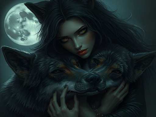 The image is a detailed, computer-generated illustration of a young woman with strikingly human features and feline attributes. She has long, flowing black hair and piercing yellow eyes that seem to glow in the dark. Her lips are painted a vivid red, and her skin has a pale, almost ethereal quality. She is wearing a black shirt and has cat-like ears protruding from the top of her head. 

The woman is holding two large, identical black and gray wolves close to her chest. These wolves have distinctive brown markings around their eyes and noses, and their ears are also pointed. The woman's hands, which are adorned with black nail polish and a silver bracelet, gently cradle the wolves' heads. 

The background is a dark, nighttime scene dominated by a large, full moon that casts a bluish-green glow over the entire image. The moon's surface is detailed with visible craters, adding to the mystical atmosphere. The overall color palette of the image includes shades of black, gray, blue, green, and hints of yellow and red, enhancing the otherworldly feel of the scene.