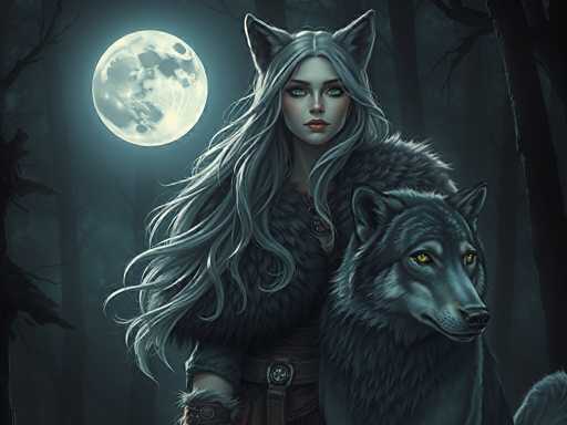 The image depicts a detailed, computer-generated scene of a young woman with long, flowing gray hair and striking green eyes. She has pointed ears, resembling those of a cat or fox, and is adorned in a luxurious fur coat that matches the grayish-blue hue of her hair. The woman stands in a dark, dense forest, illuminated by a large, full moon that casts a silvery glow over the scene. Beside her is a majestic wolf with piercing yellow eyes, mirroring her own fur color. The wolf's presence and the woman's feline-like features suggest a deep connection to nature, possibly indicating that she is a shapeshifter or wolf human hybrid. The overall atmosphere is one of mystery and enchantment, with the moonlight highlighting the intricate details of their fur and the surrounding forest.